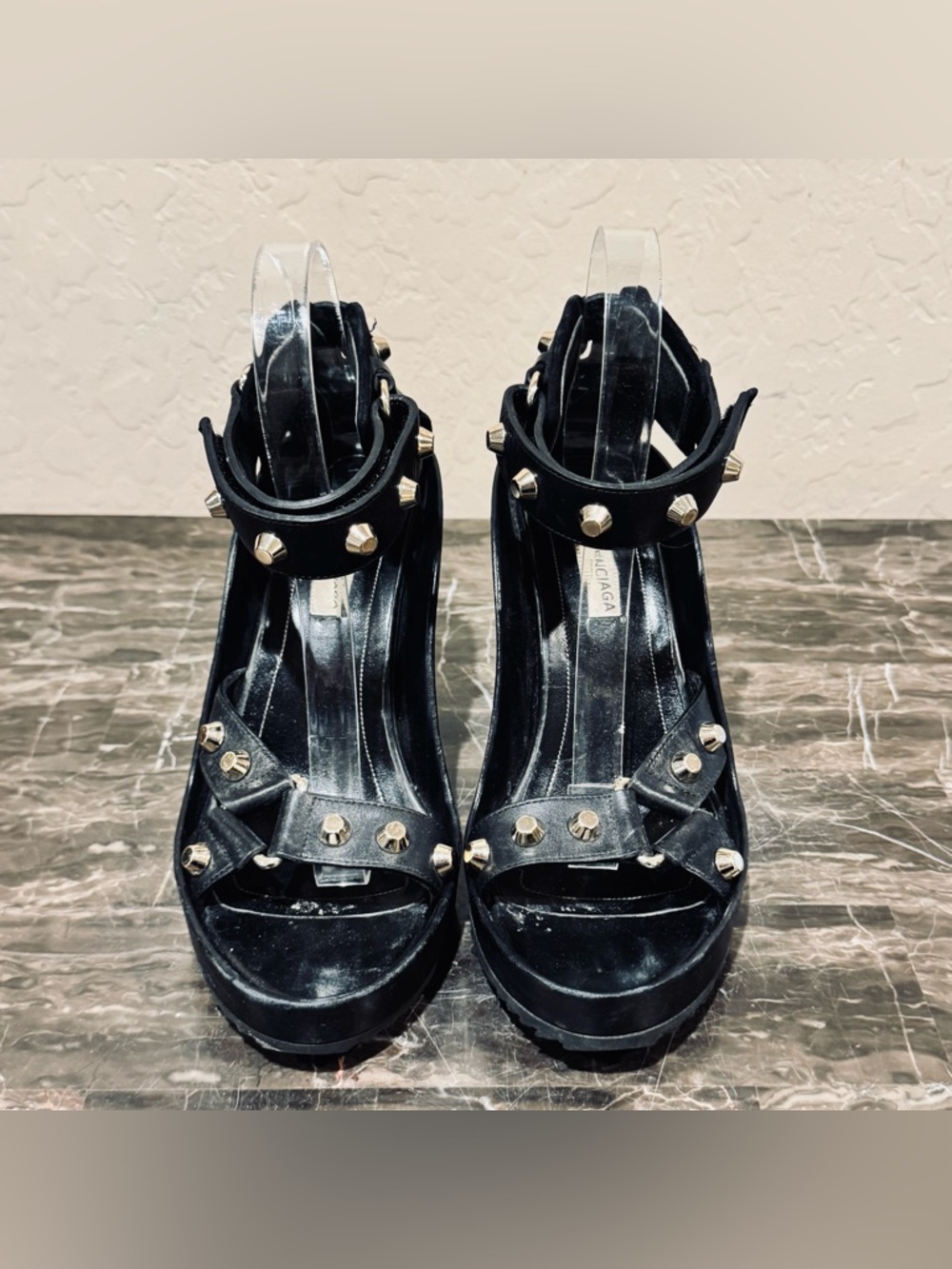 Balenciaga Black Leather Studded Wedge Sandals - Picture 7 of 16